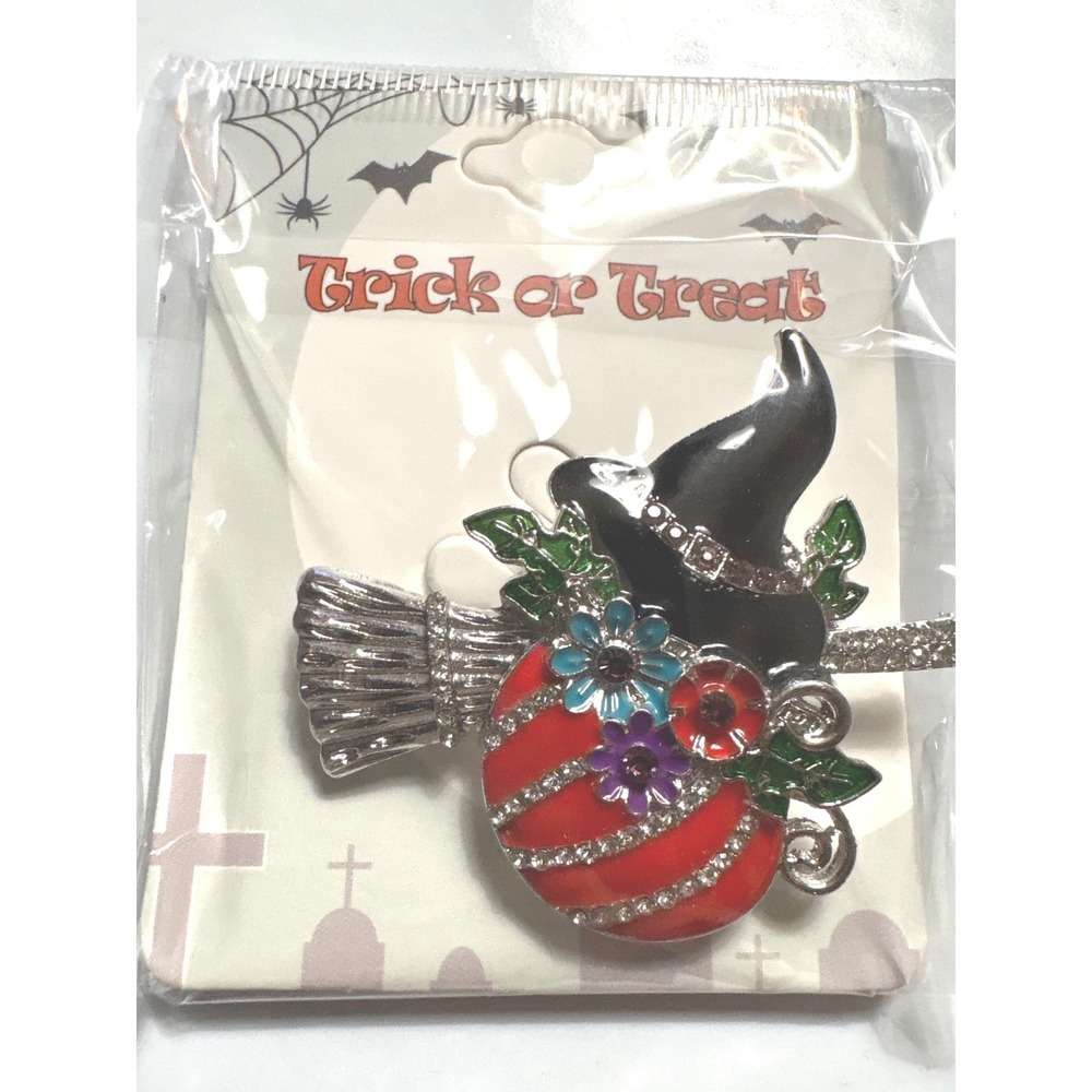 Halloween Pumpkin Witch Hat Broomstick Enamel Rhinestone Brooch Pin Silver Tone - Picture 2 of 2